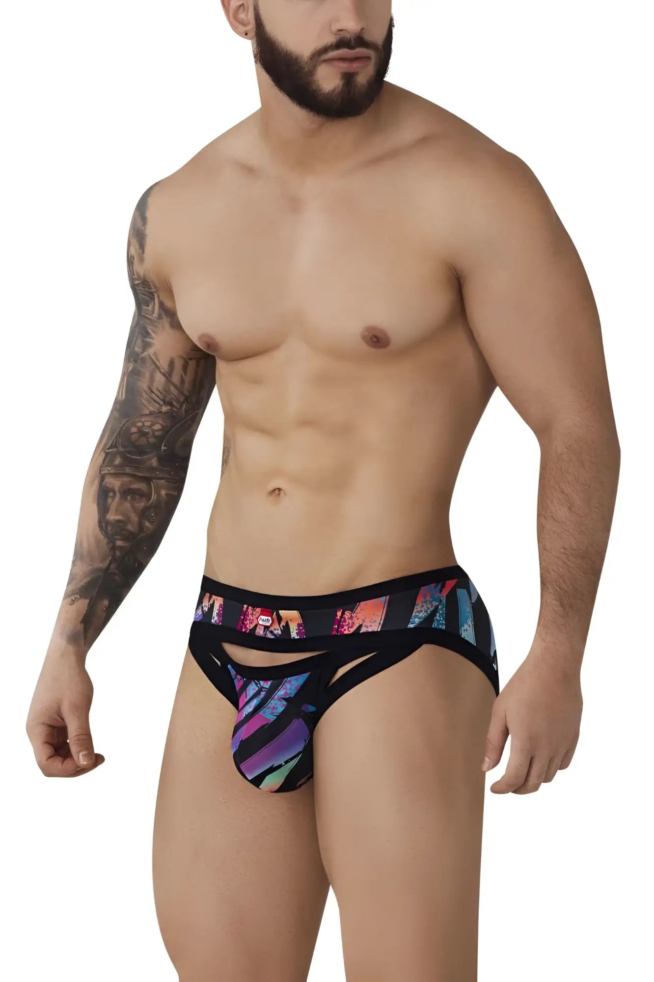 Black pikante pik 0989 jartum briefs with vibrant multicolored geometric pattern and bold stylized logo waistband