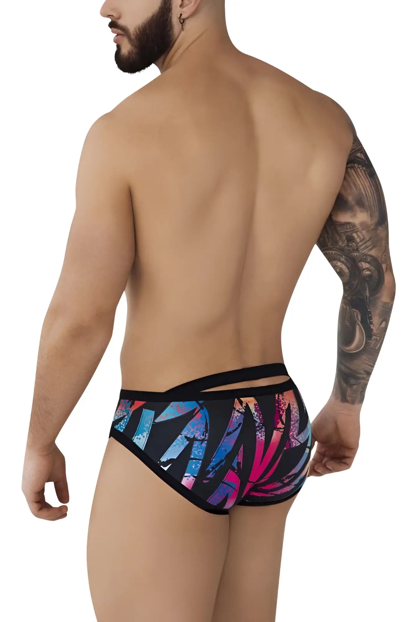 Pikante PIK 0989 Jartum briefs in black with vibrant tropical leaf-patterned swim trunks design in pink and blue