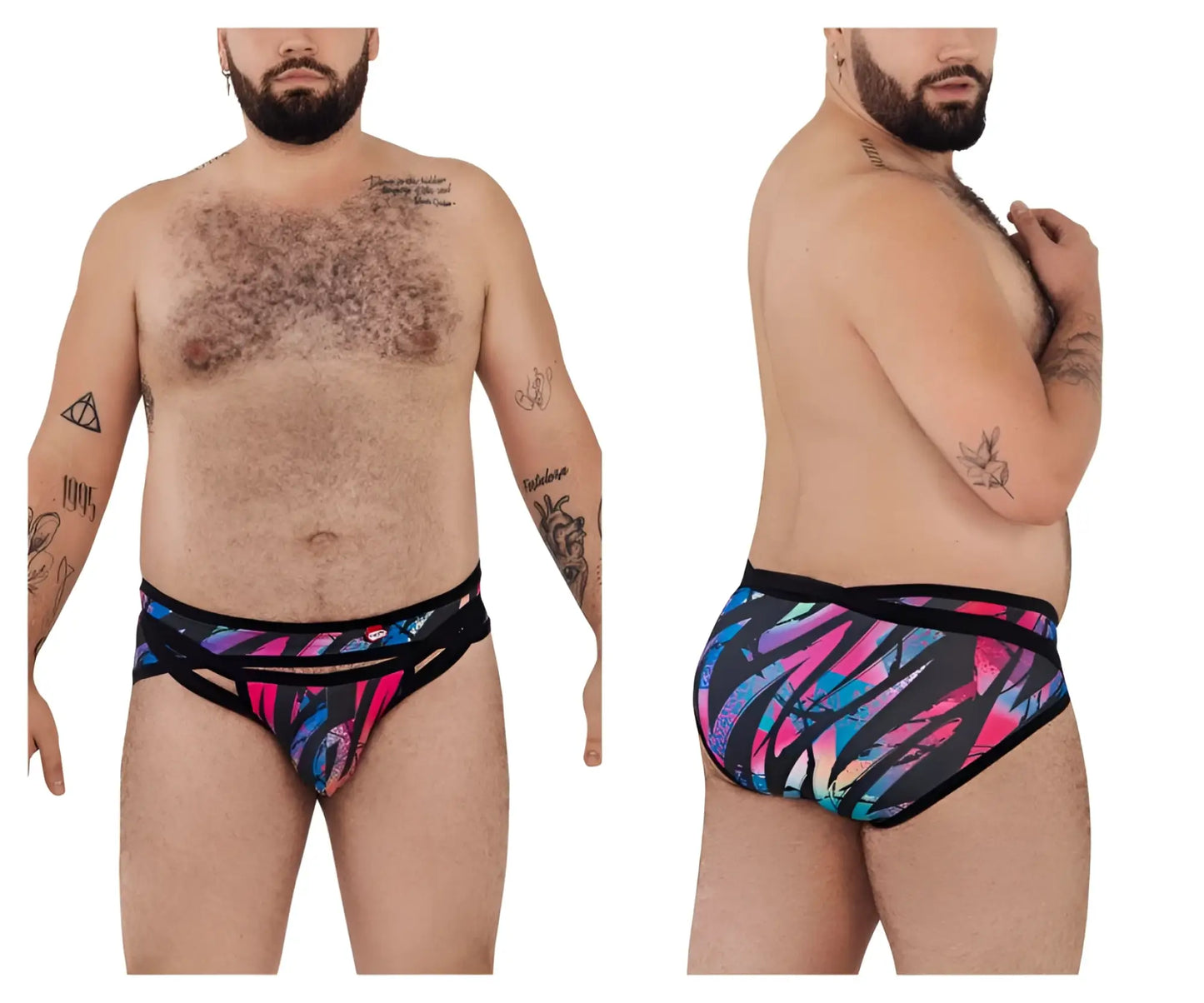 Pikante pik 0989x jartum briefs in black featuring vibrant abstract pink and blue swim trunks pattern