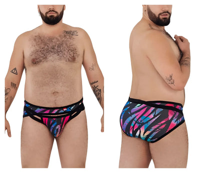Pikante pik 0989x jartum briefs in black featuring vibrant abstract pink and blue swim trunks pattern