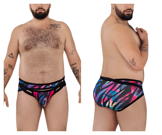 Pikante pik 0989x jartum briefs in black featuring vibrant abstract pink and blue swim trunks pattern