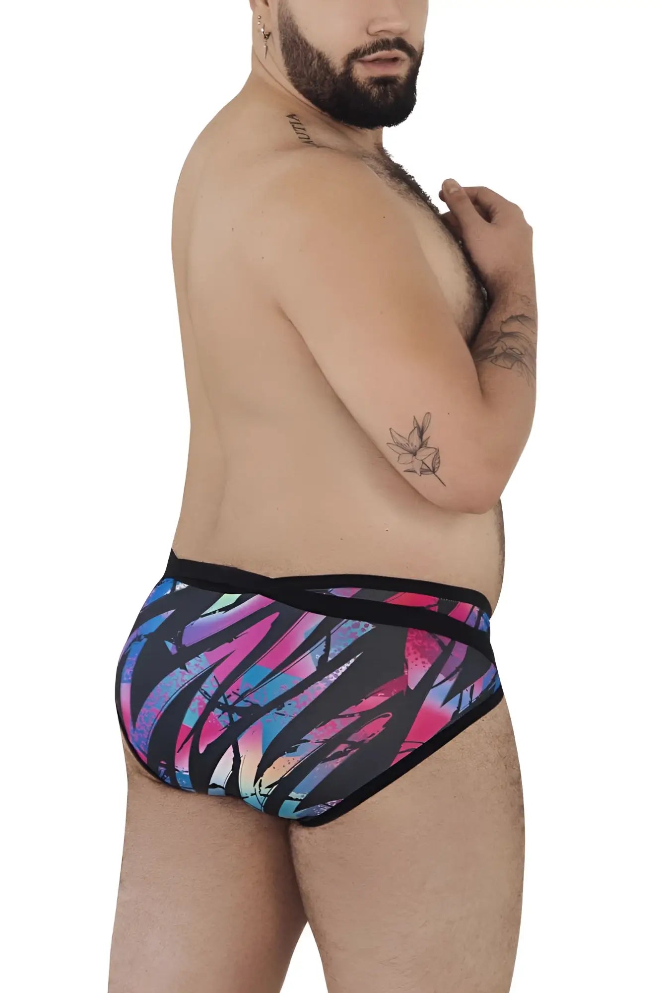 Vibrant pikante pik 0989x jartum briefs swim trunks with abstract pink blue purple pattern and black trim