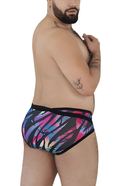 Vibrant pikante pik 0989x jartum briefs swim trunks with abstract pink blue purple pattern and black trim