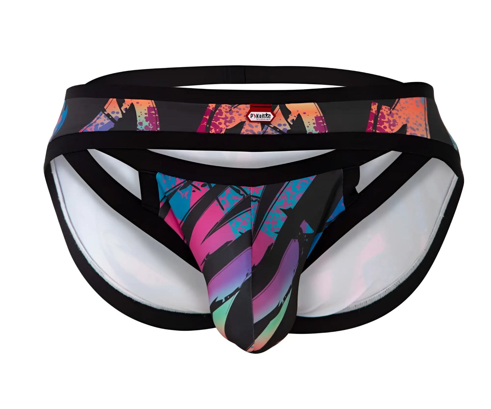 Pikante PIK 0989X Jartum briefs in black with vibrant graffiti-style print in pink blue and purple with white lining