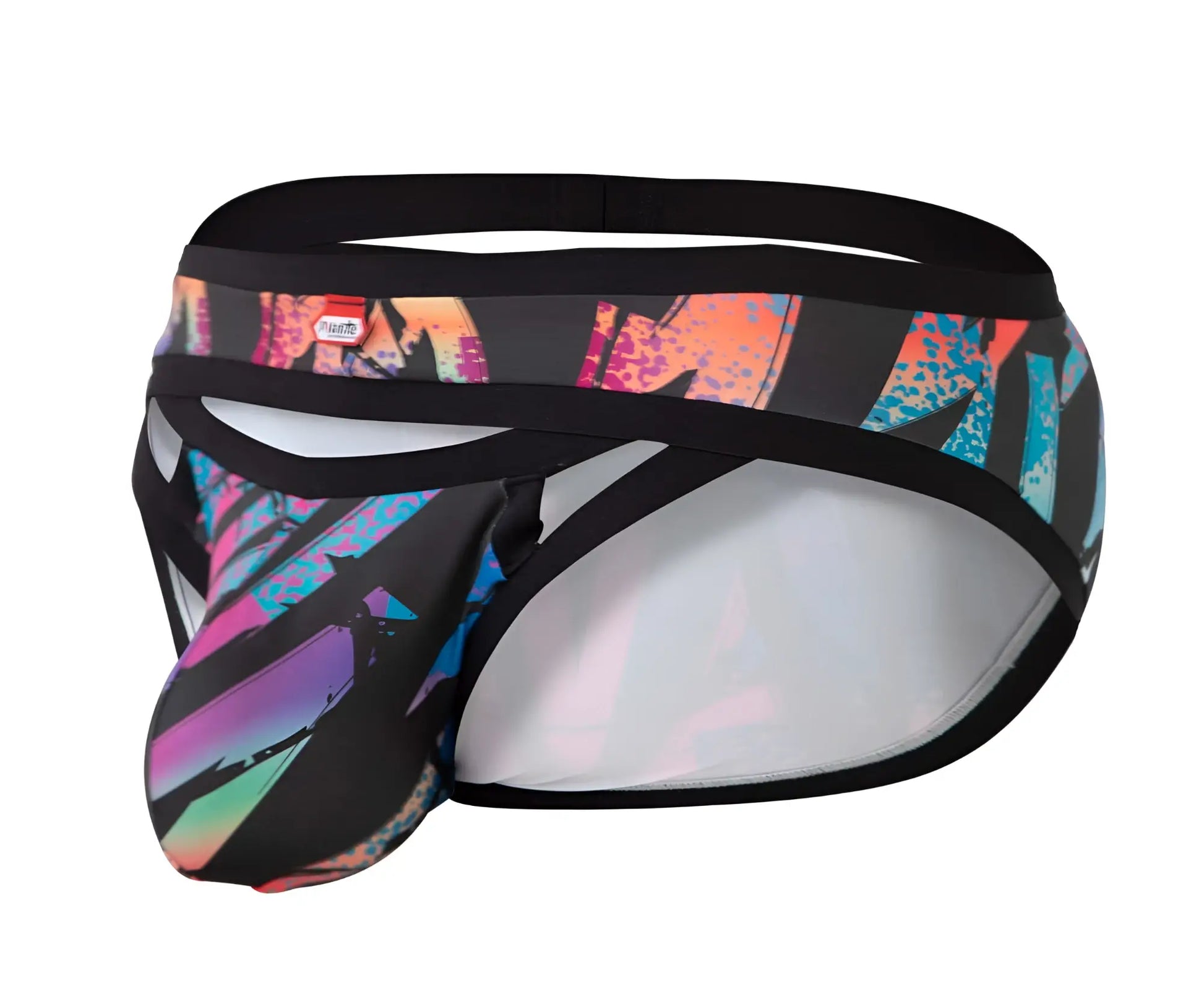 Vibrant graffiti style pikante jartum men’s briefs in black with mesh panels and black elastic waistband
