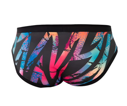 Pikante pik 0989x jartum briefs color black swim trunks with vibrant graffiti-style pink blue and orange streaks on dark base