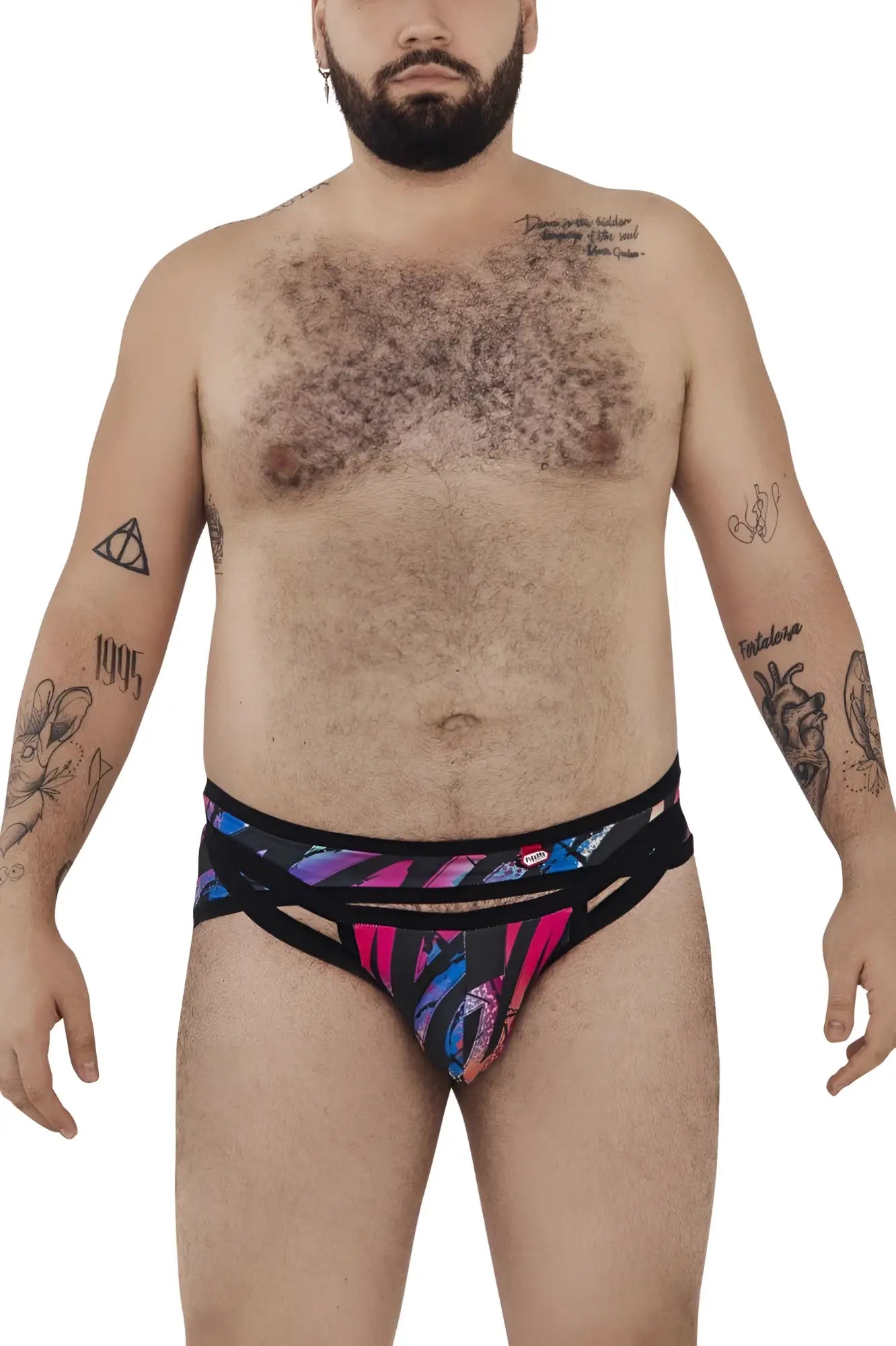Vibrant multicolored pikante pik 0989x jartum briefs with bold pink and purple abstract designs on black base