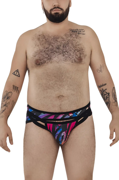 Vibrant multicolored pikante pik 0989x jartum briefs with bold pink and purple abstract designs on black base