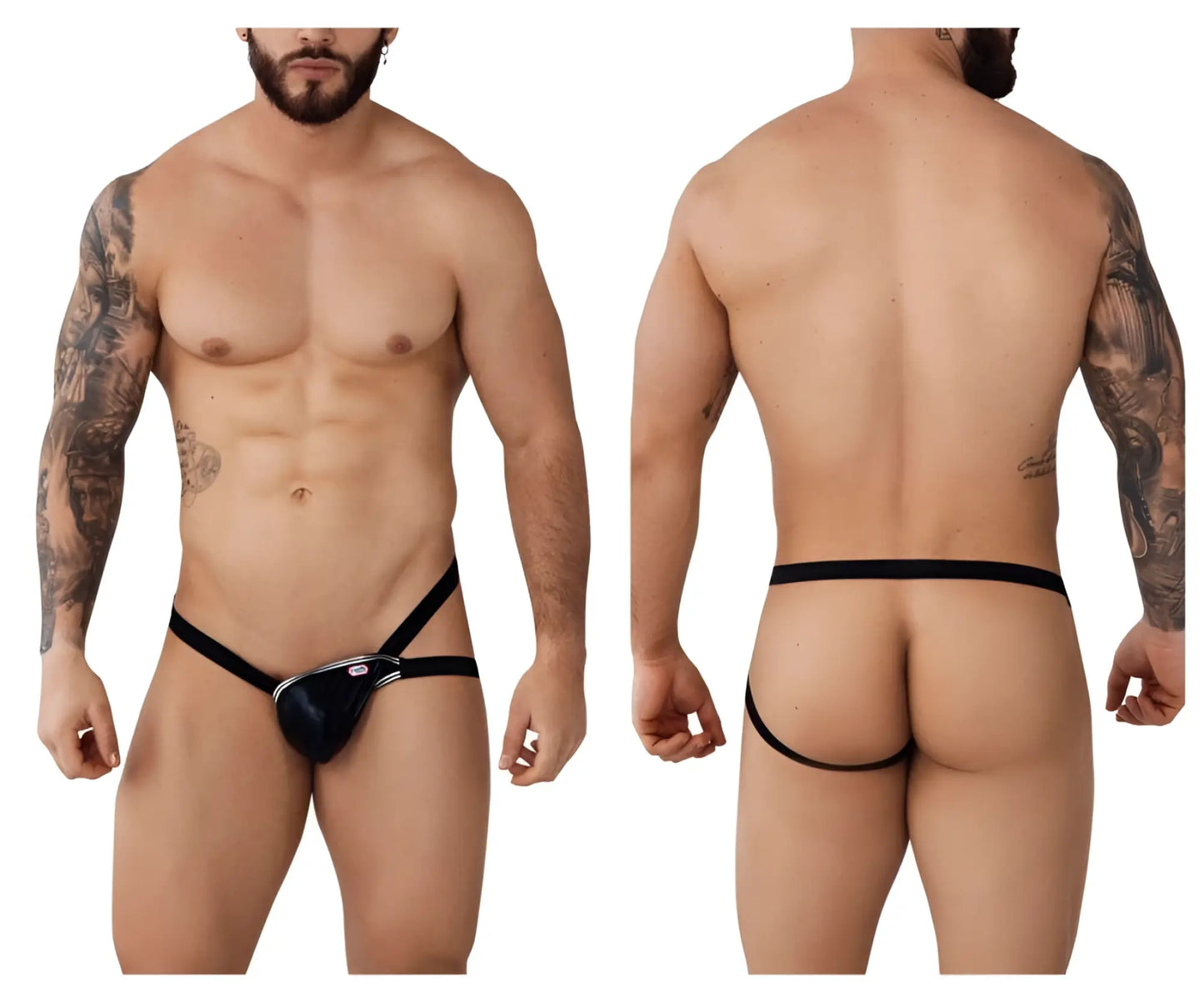 Black leather thong jockstrap with silver metal clasp and branding detail from pikante piks 1013 napoles collection