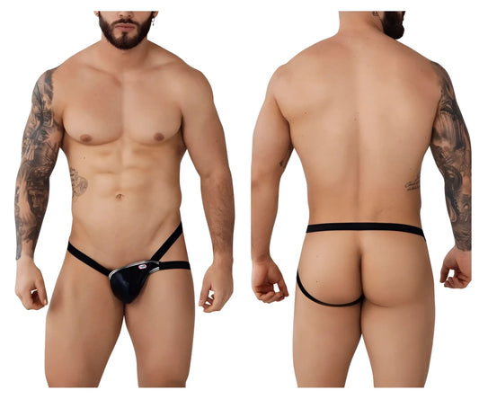 Black leather thong jockstrap with silver metal clasp and branding detail from pikante piks 1013 napoles collection