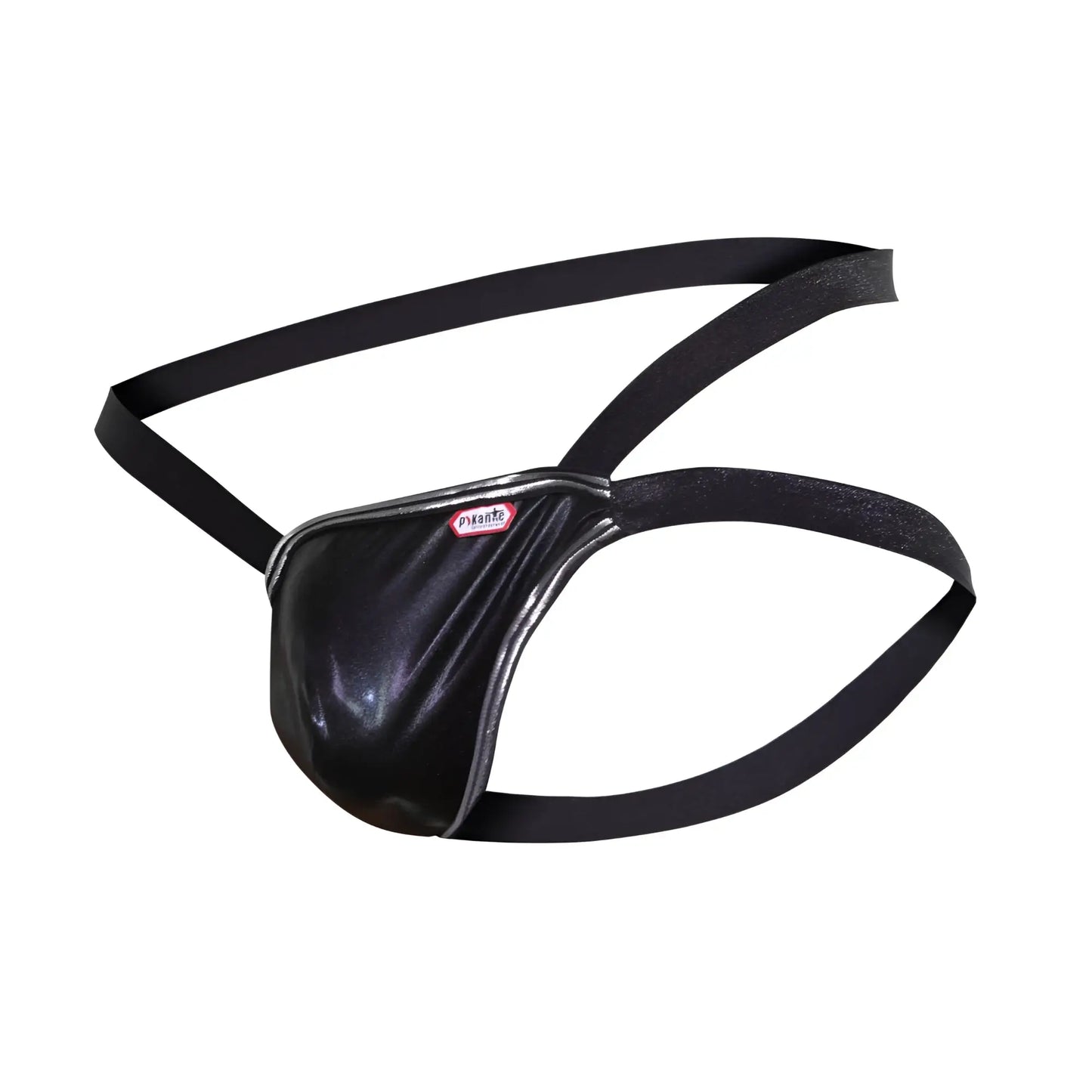 Black shiny faux leather thong with silver trim and adjustable straps from pikante pik 1013 napoles jockstrap collection