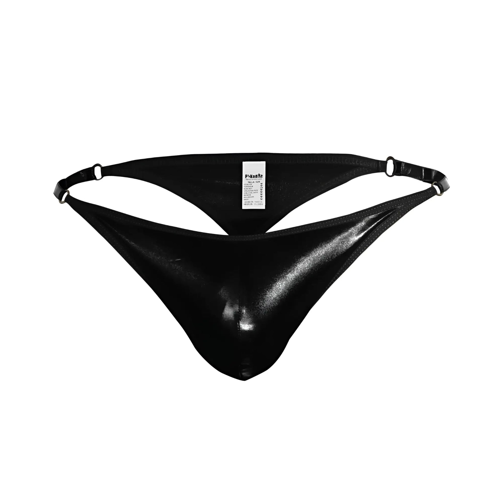 Black glossy latex thong pikante pik 1014 salerno with sleek fit and adjustable straps shown from the back side