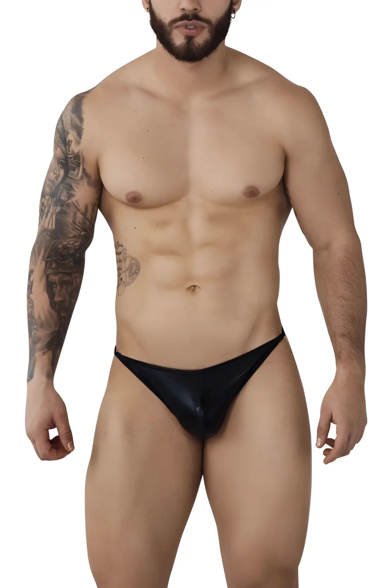 Black glossy Pikante PIK 1014 Salerno thongs showing the front made of shiny material for a sleek look