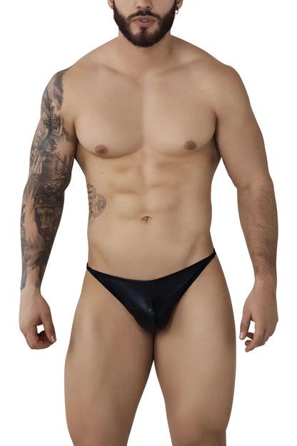 Black glossy Pikante PIK 1014 Salerno thongs showing the front made of shiny material for a sleek look