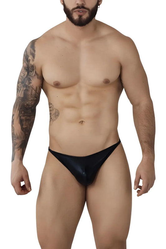 Black glossy Pikante PIK 1014 Salerno thongs showing the front made of shiny material for a sleek look