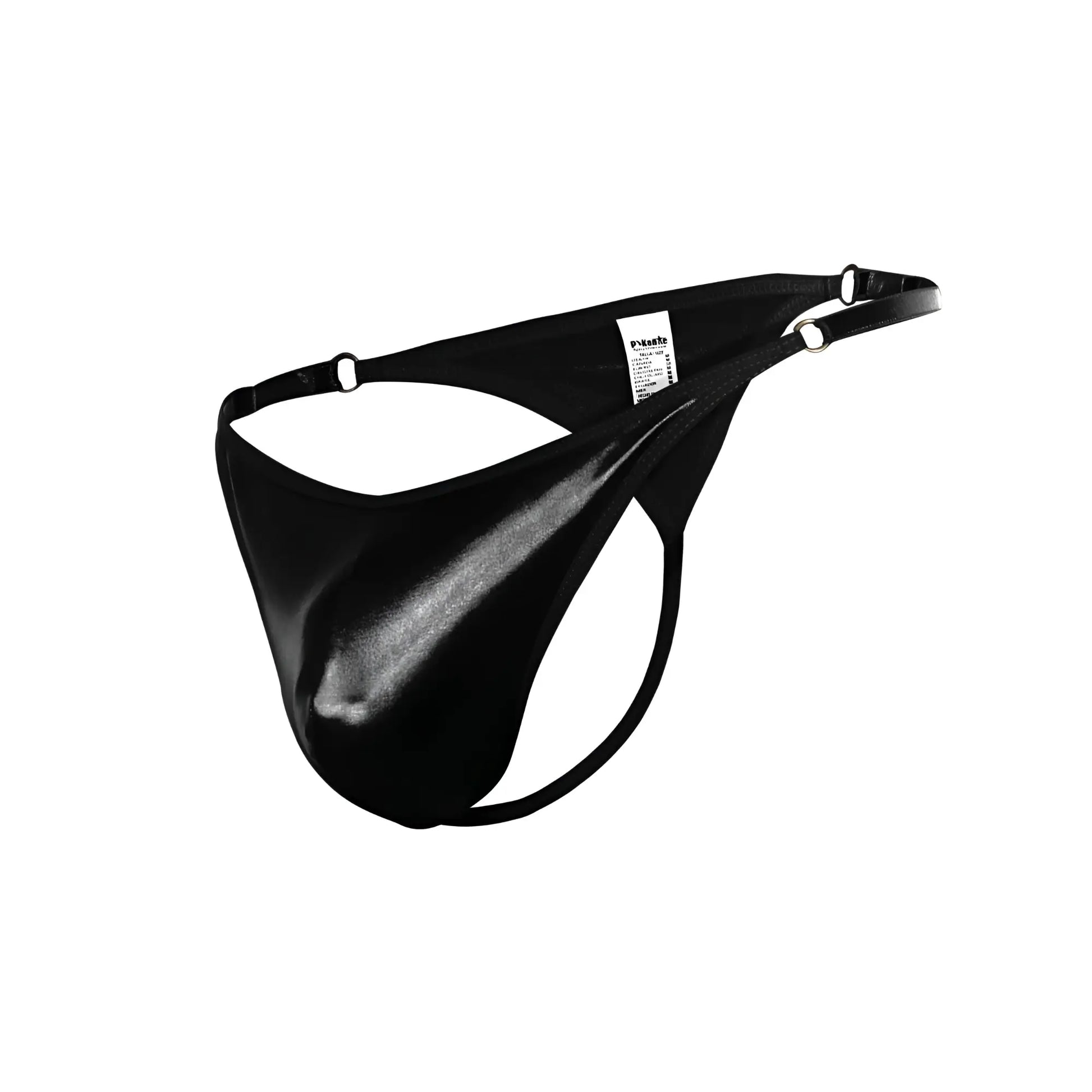 Black patent leather thong with sleek glossy finish and adjustable straps from pikante pik 1014 salerno thongs color black