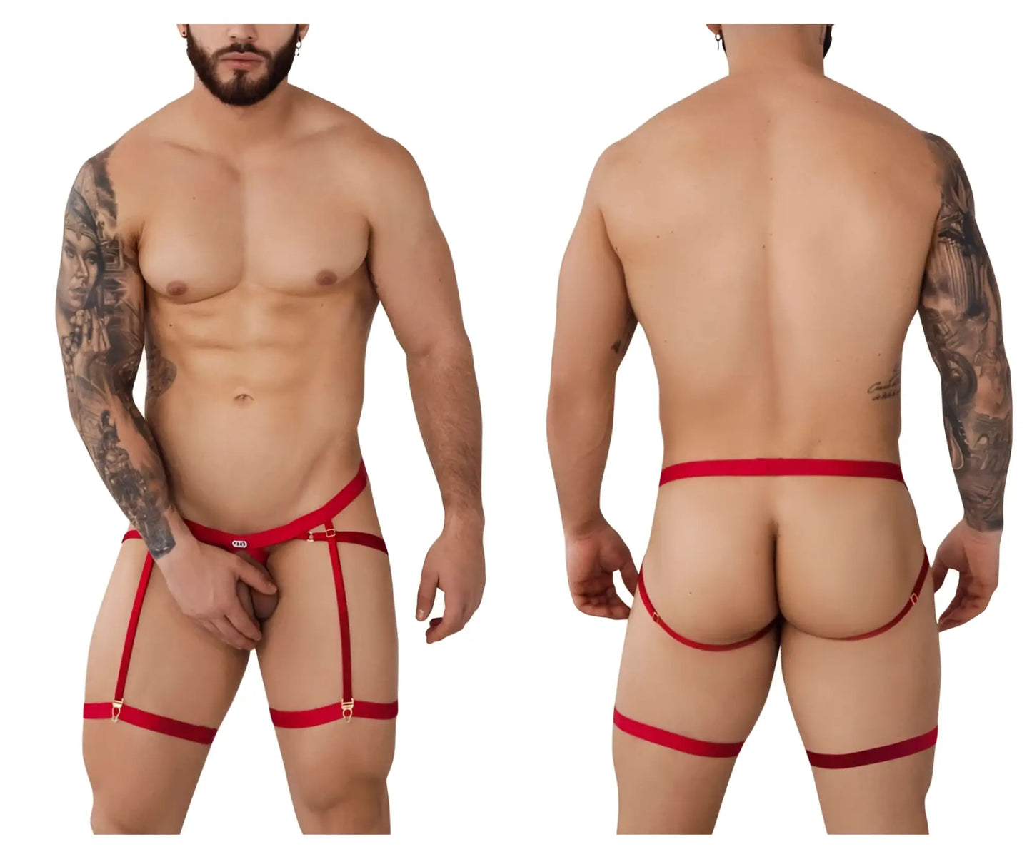 Red nylon suspenders with adjustable metal clasps featured in pikante pik 1017 avellino jockstrap red color