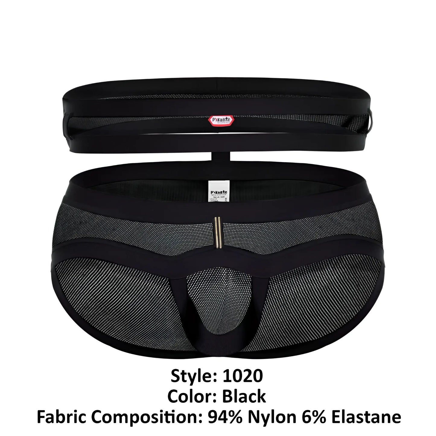 Black mesh pikante plasencia briefs with solid waistband side panels and central metallic clasp in black color