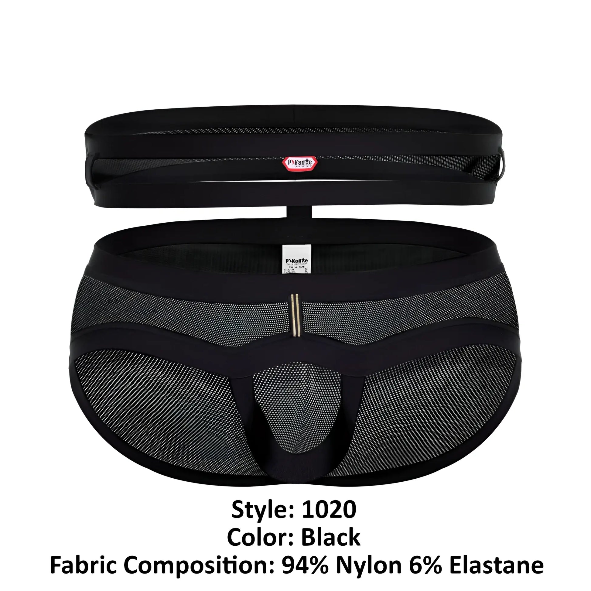 Black mesh pikante plasencia briefs with solid waistband side panels and central metallic clasp in black color