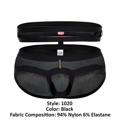 Black mesh pikante plasencia briefs with solid waistband side panels and central metallic clasp in black color