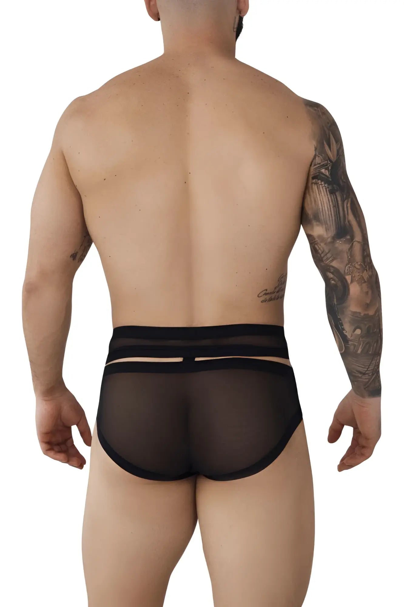 Black sheer mesh brief with solid black elastic waistband and horizontal cutout details pikante pik 1020 plasencia briefs