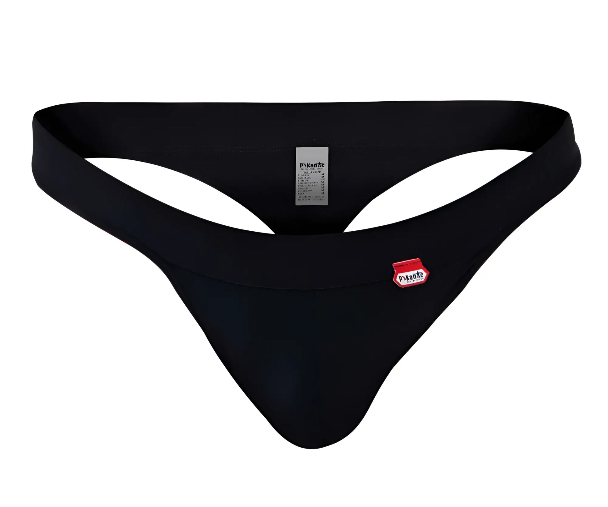 Black mens thong with a red and white pikante logo patch on the front in pikante pIK 1024X terni style black color