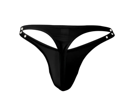 Black glossy nylon thong with silver snap buttons on the sides from pikante PIK 1025X Perusa thongs collection