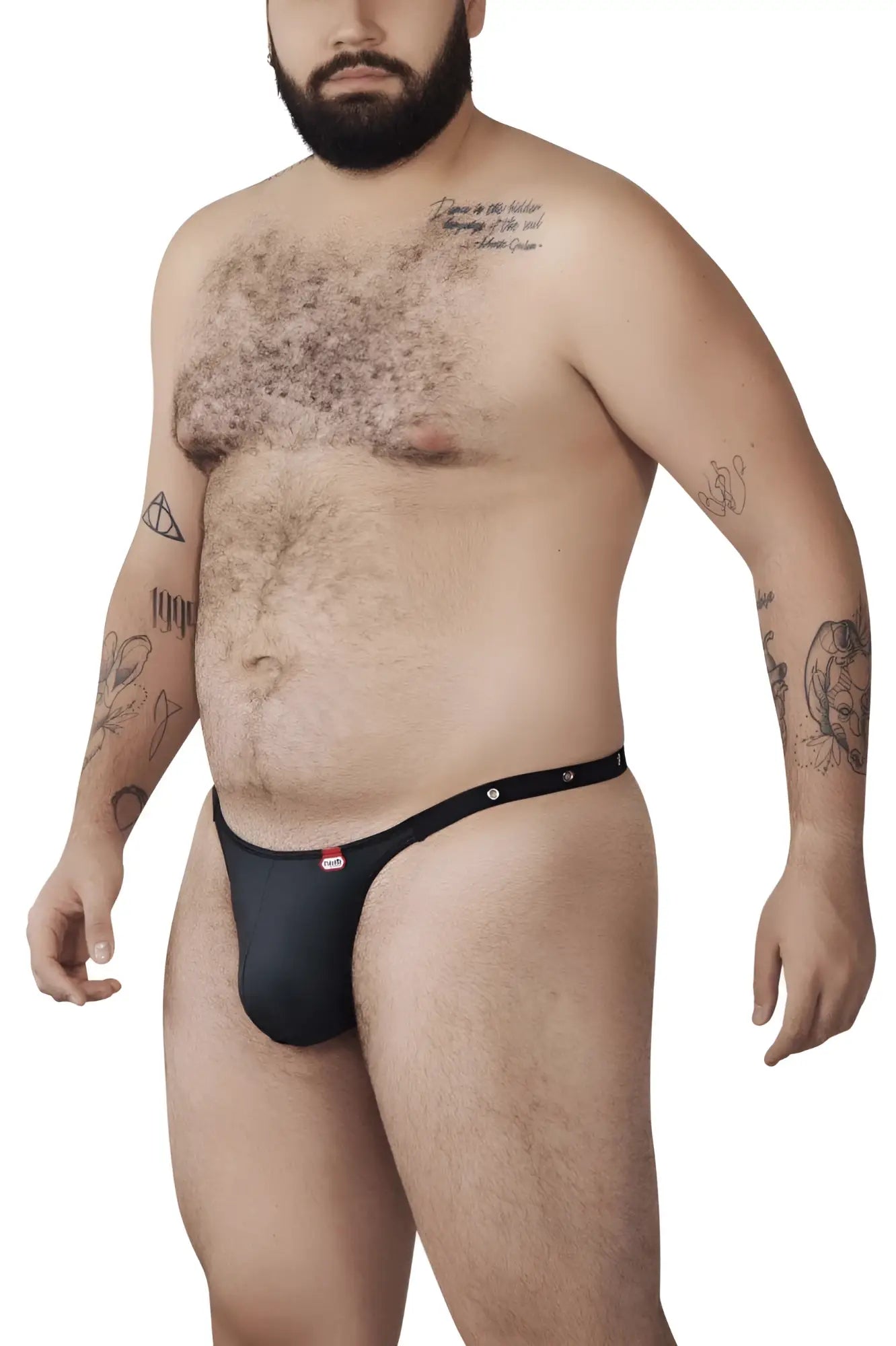 Black pikante PIK 1025X perusa thong with thin waistband three silver buttons and red logo on left side