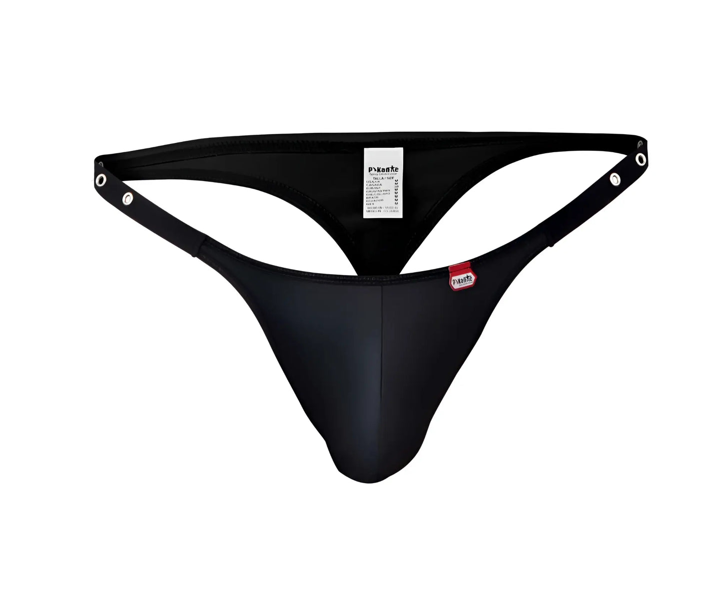 Black sleek form-fitting Pikante PIK 1025X Perusa thong with smooth stretchy material and adjustable silver clasp straps