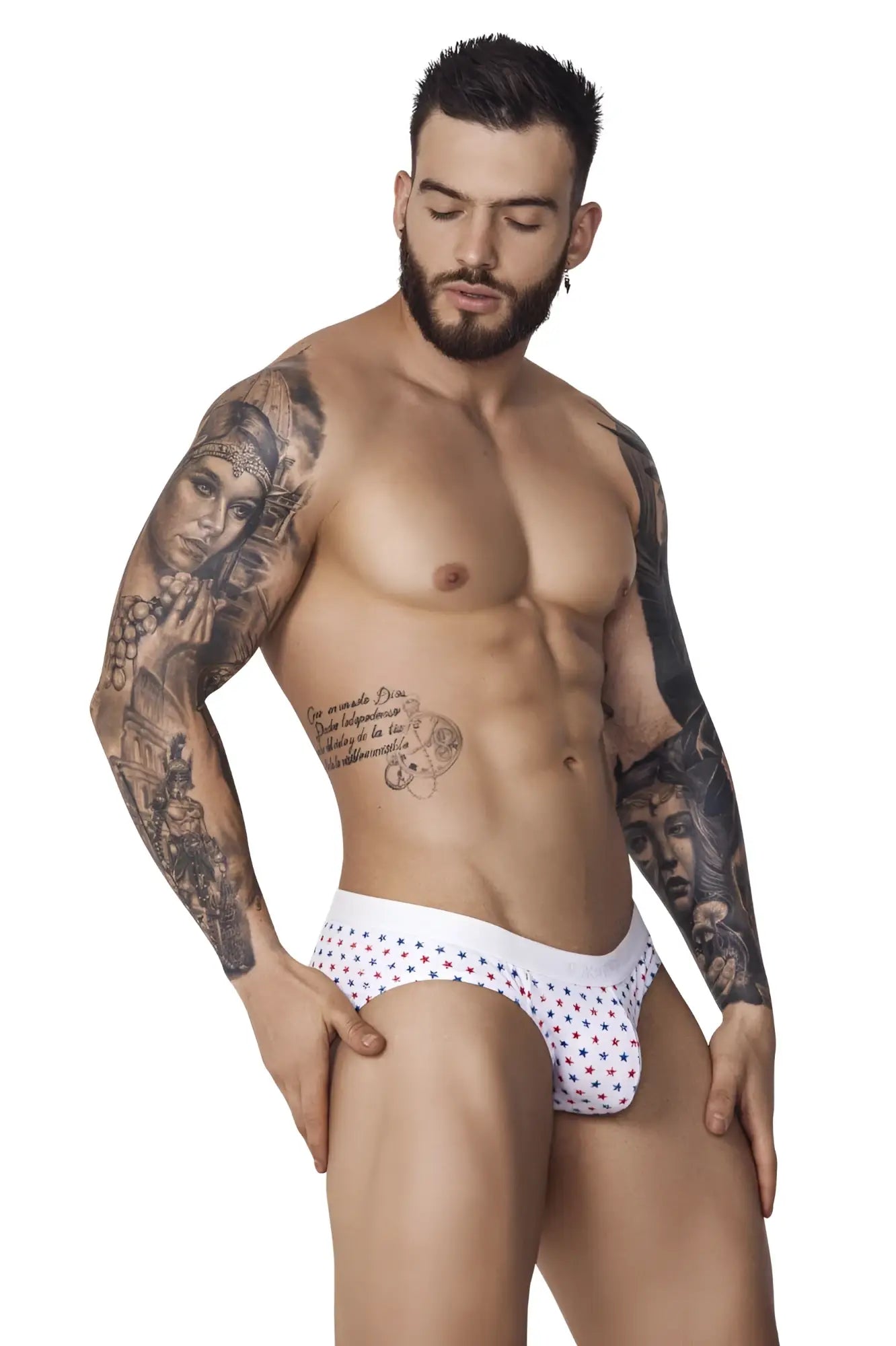 White briefs with colorful star pattern from pikante pik 1072 blaze briefs in white for comfortable everyday wear