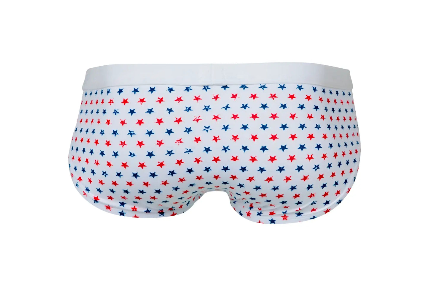 White Pikante PIK 1072 Blaze briefs featuring a red and blue star pattern on soft breathable fabric