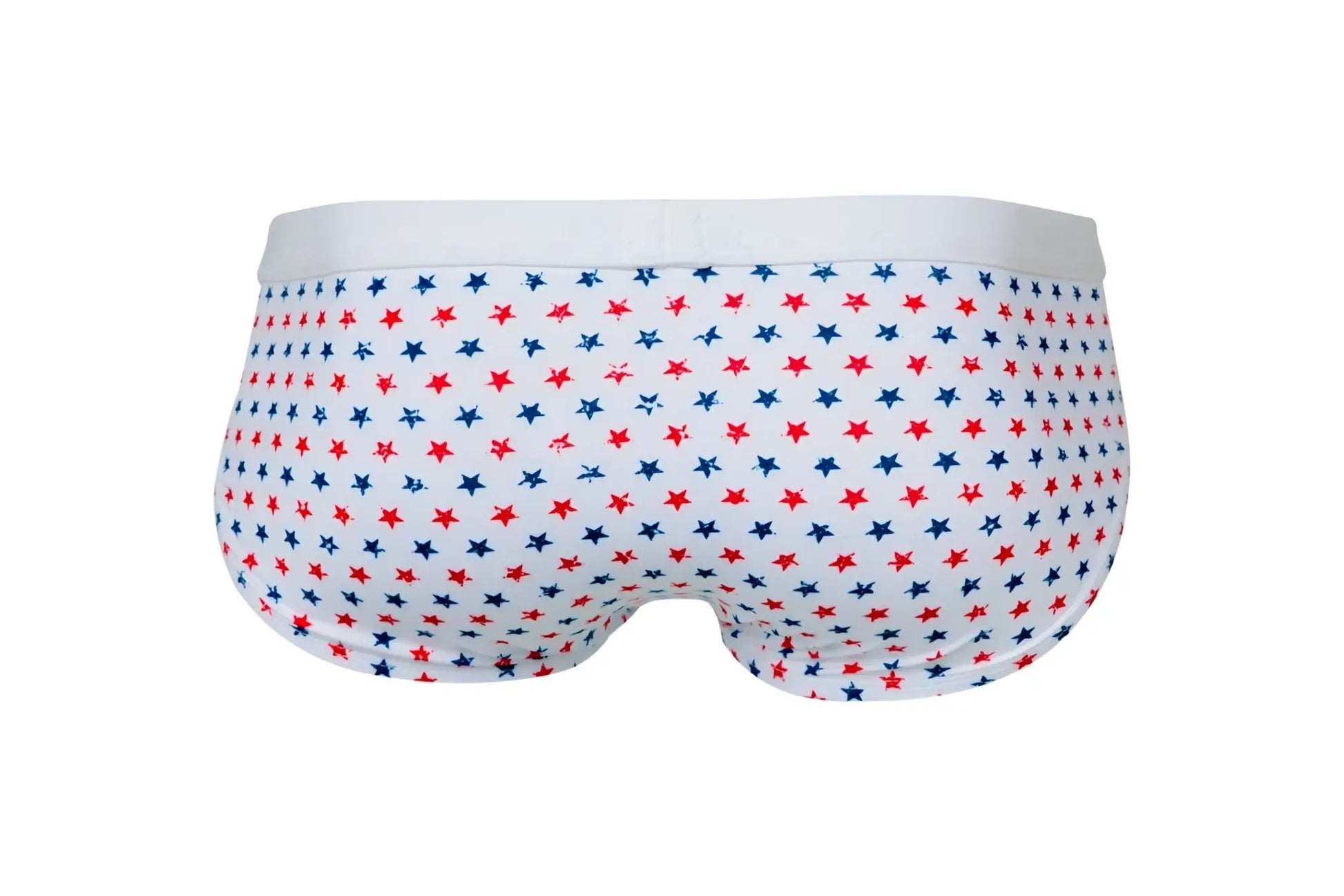 White Pikante PIK 1072 Blaze briefs featuring a red and blue star pattern on soft breathable fabric