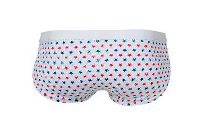 White Pikante PIK 1072 Blaze briefs featuring a red and blue star pattern on soft breathable fabric