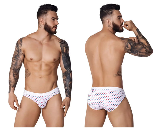 White Pikante PIK 1072 Blaze briefs featuring a pattern of small red and blue stars on soft fabric
