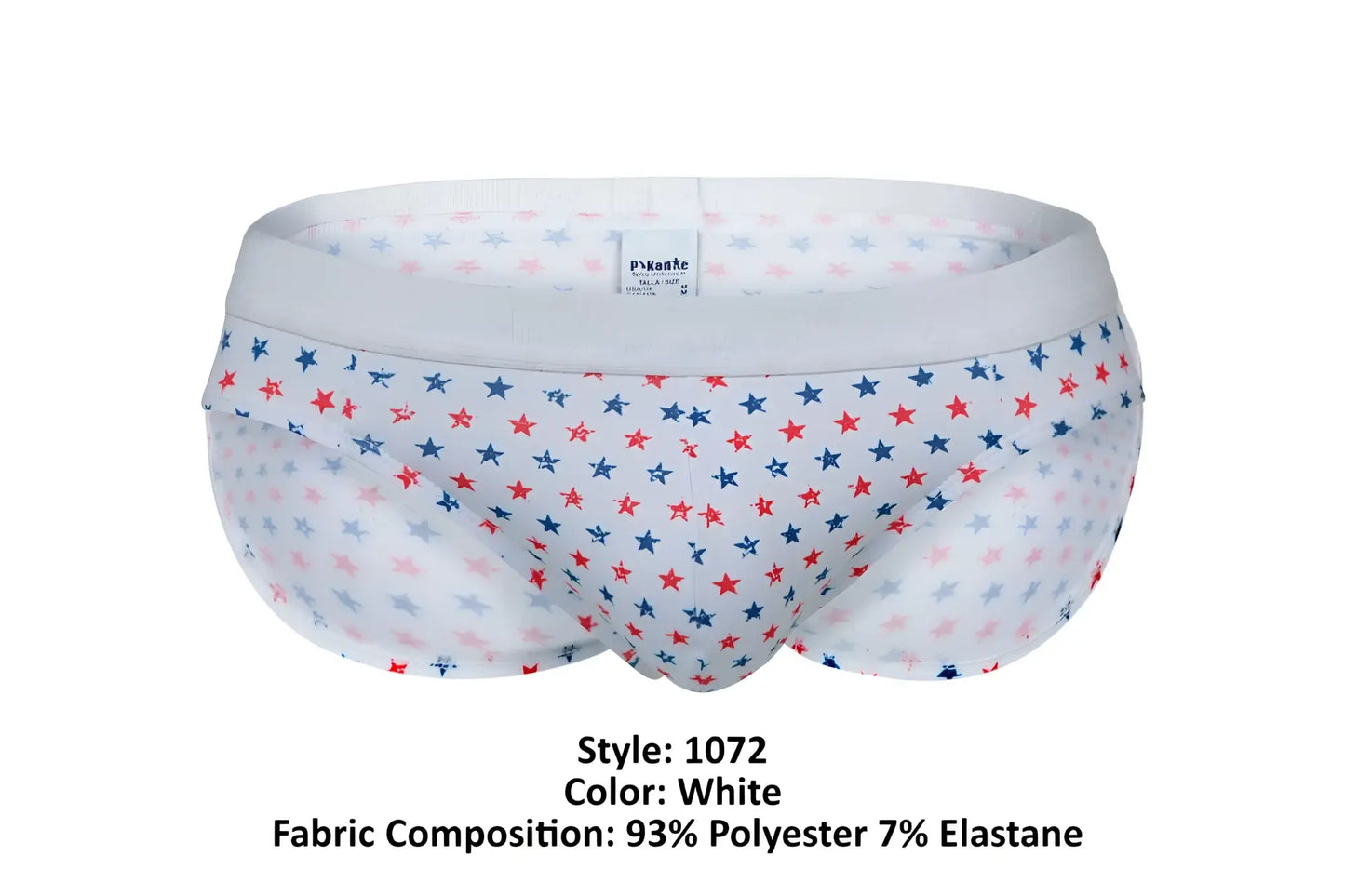White pikante pik 1072 blaze briefs with playful red blue and light gray star pattern comfortable cotton fabric