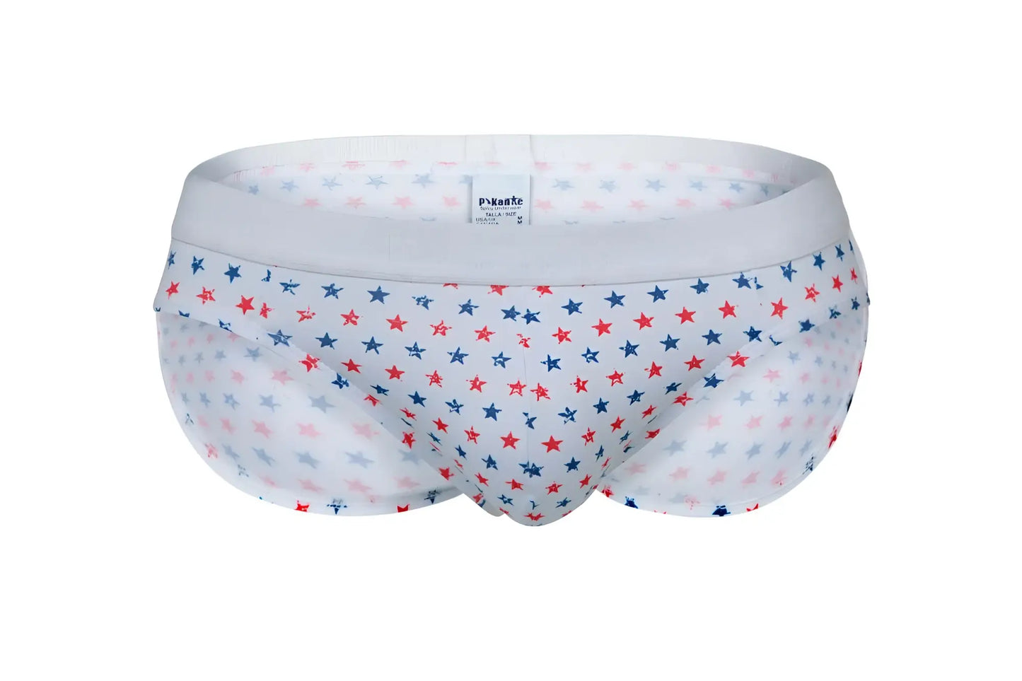 White briefs pikante pik 1072 blaze with playful red blue and light pink star pattern on sheer fabric
