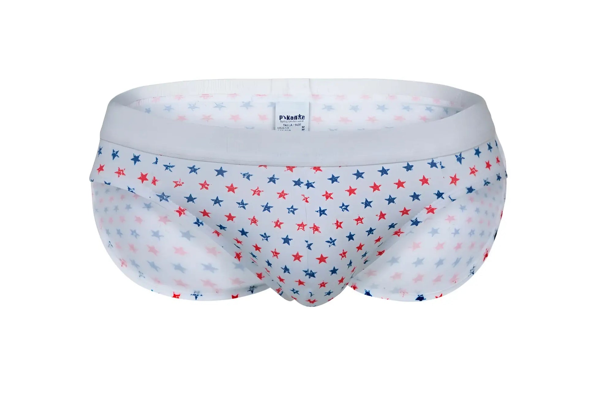 White briefs pikante pik 1072 blaze with playful red blue and light pink star pattern on sheer fabric