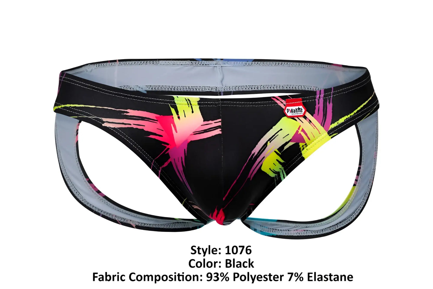 Black pikante pik 1076 nucleus jockstrap with neon pink yellow magenta brushstroke patterns on a black base