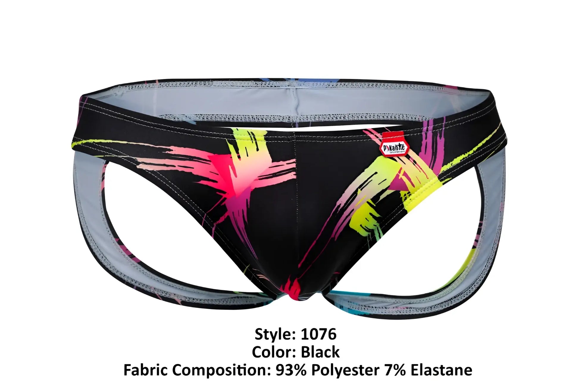 Black pikante pik 1076 nucleus jockstrap with neon pink yellow magenta brushstroke patterns on a black base