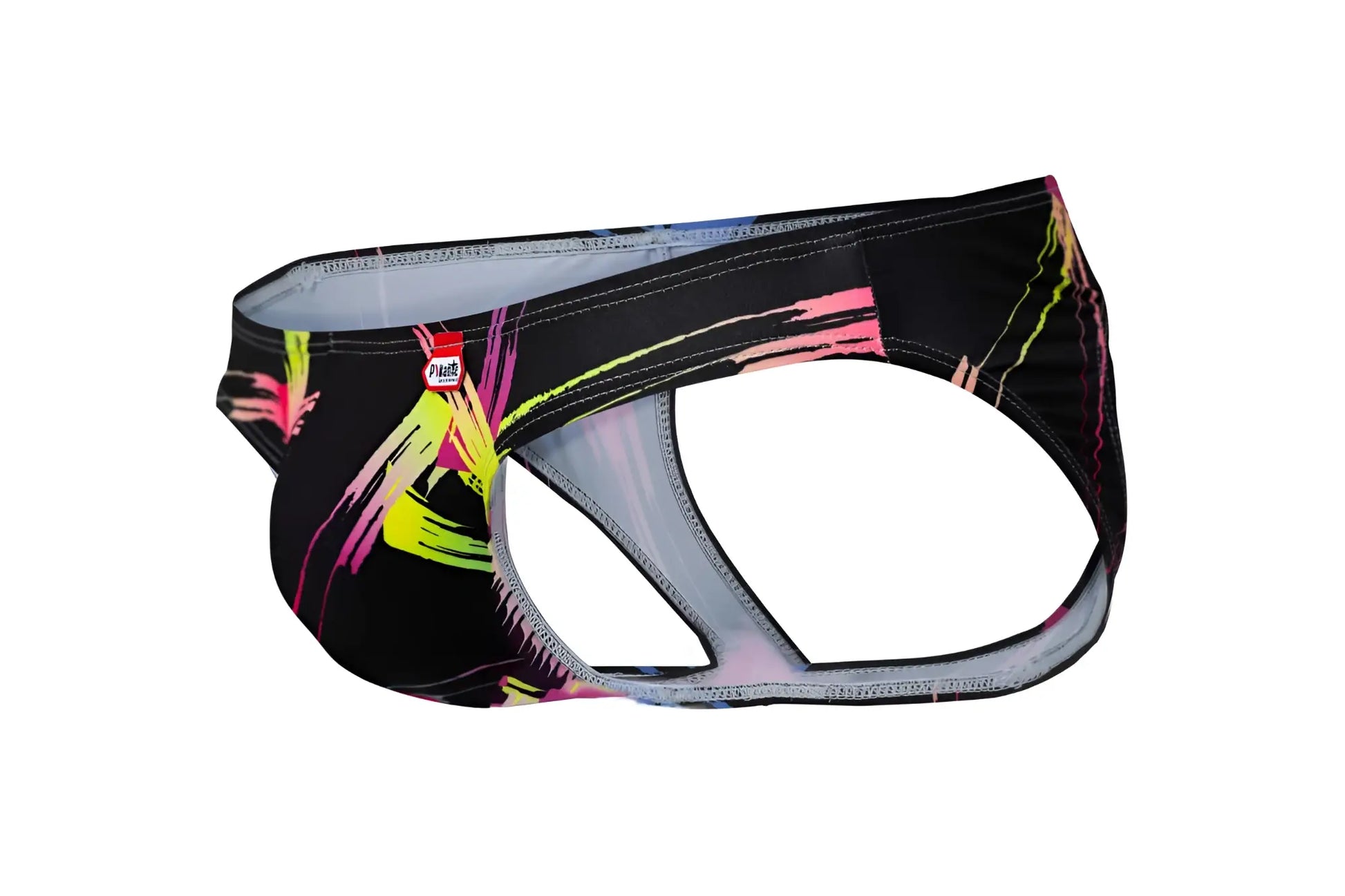 Black athletic briefs with vibrant neon pink yellow and green abstract brushstroke patterns pikante pik 1076 nucleus jockstrap