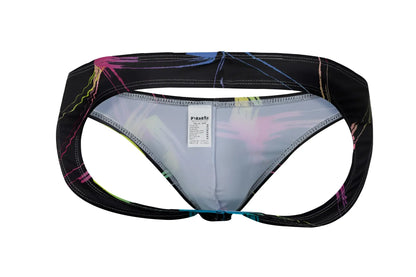 Pikante PIK 1076 Nucleus jockstrap in black with neon pink yellow blue and green abstract paint splatter design
