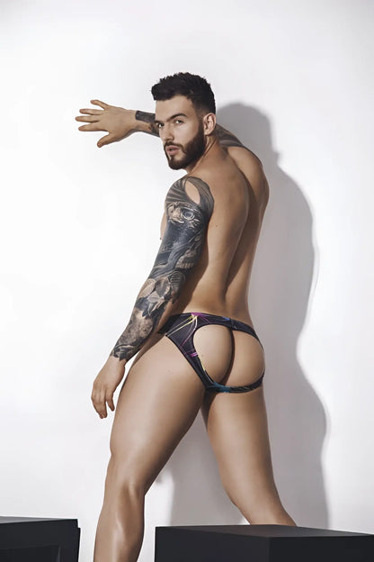 Pikante PIK 1076 nucleus jockstrap in black with purple pattern and cut-out design briefs front view