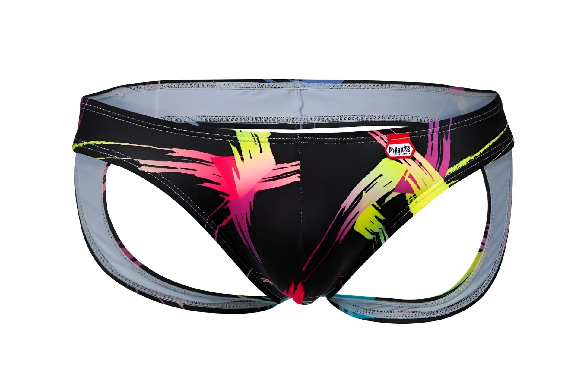 Pikante pik 1076 nucleus jockstrap in black with neon pink and yellow brushstrokes and gray inner lining
