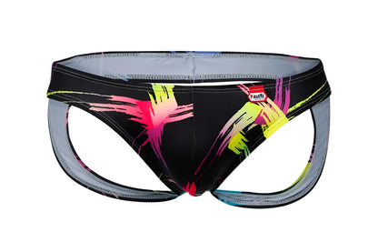 Pikante pik 1076 nucleus jockstrap in black with neon pink and yellow brushstrokes and gray inner lining