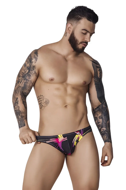 Pikante PIK 1076 nucleus jockstrap in black with vibrant pink and yellow abstract designs on swim trunks material