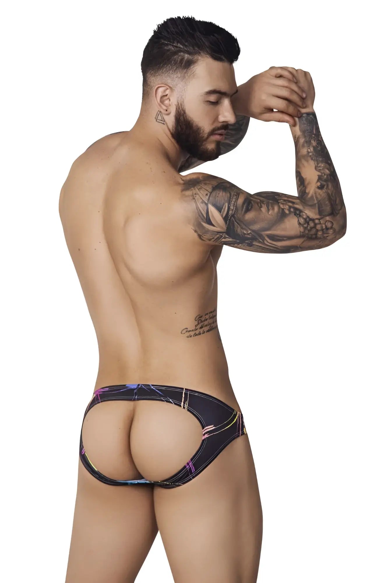 Black briefs with vibrant neon pink and blue geometric patterns from pikante pik 1076 nucleus jockstrap collection