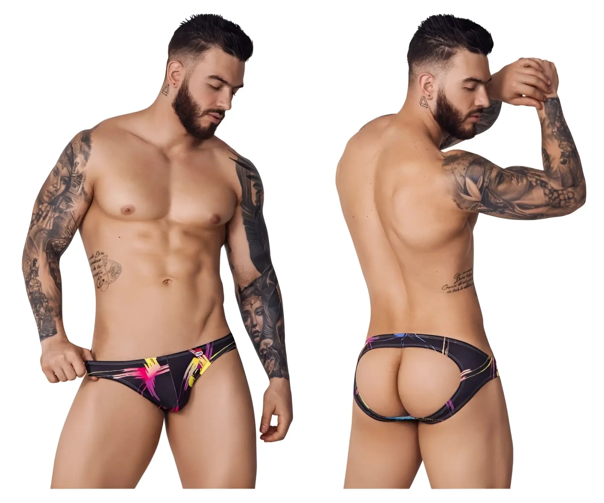 Vibrant patterned black pikante pik 1076 nucleus jockstrap with bold pink and yellow abstract designs