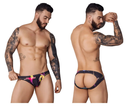 Vibrant patterned black pikante pik 1076 nucleus jockstrap with bold pink and yellow abstract designs