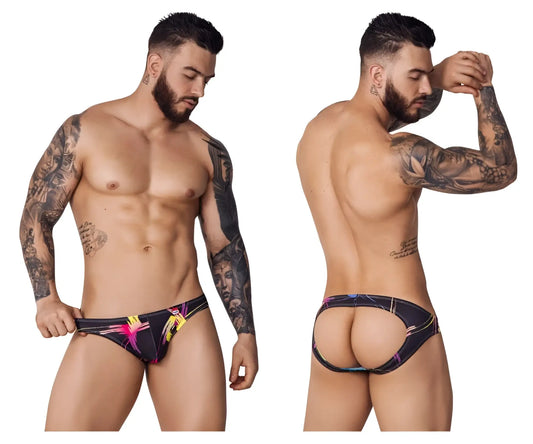 Vibrant patterned black pikante pik 1076 nucleus jockstrap with bold pink and yellow abstract designs