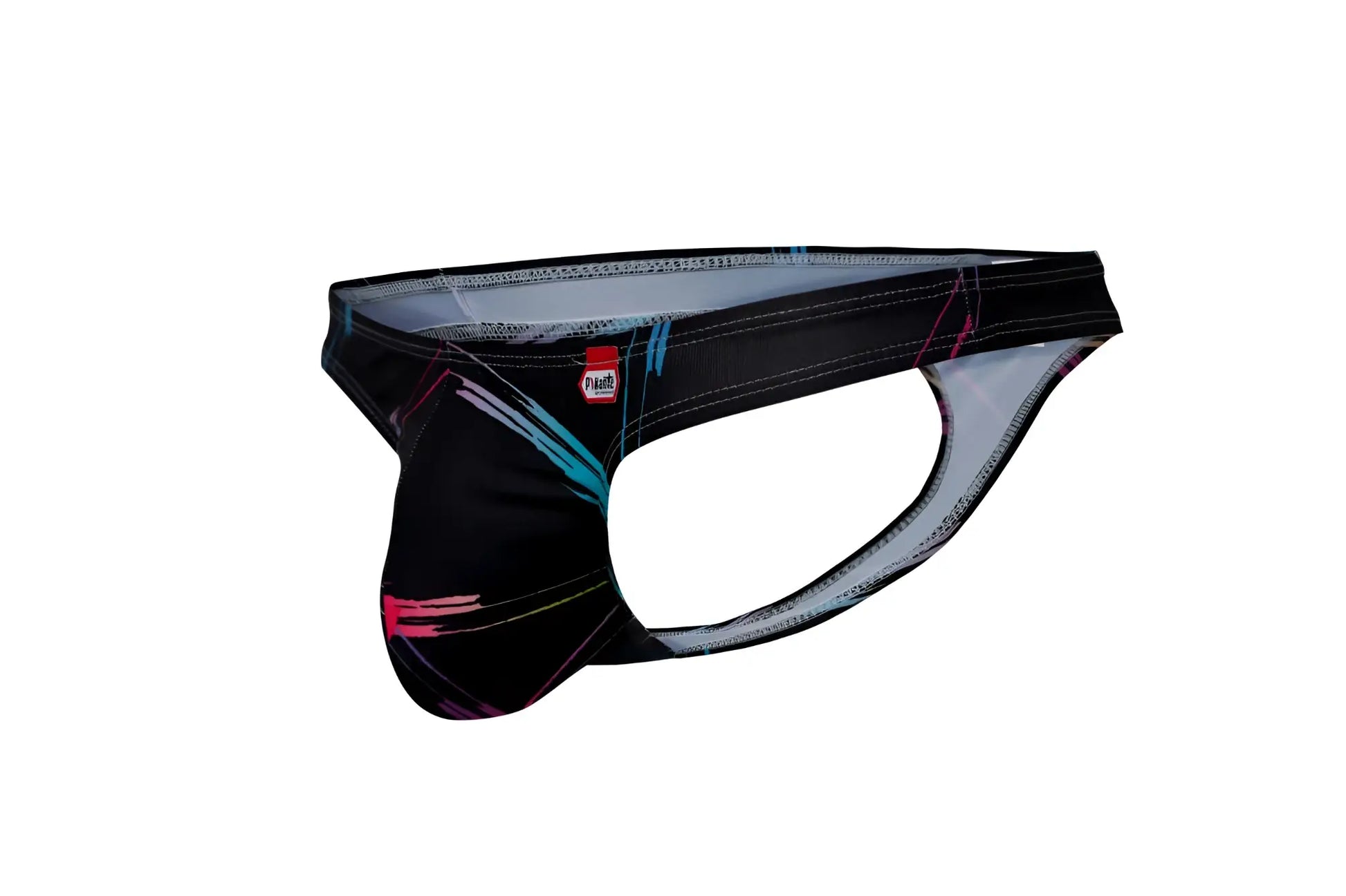 Black pikante pik 1077 nucleus athletic briefs with vibrant teal pink and white abstract line pattern